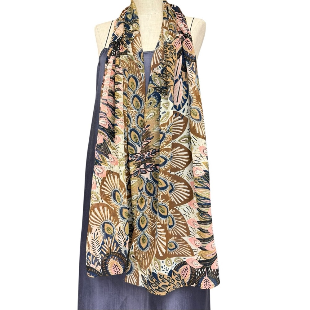 Floral Peacock Feather Print Boho Scarf Wrap Multicolor Oversized Chiffon Soft